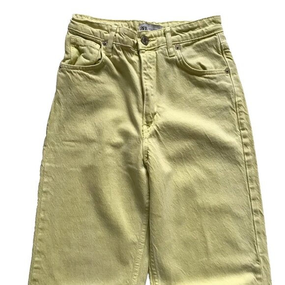 Zara High Rise Wide Leg Jeans Womens 2 Lime Green Raw Hem Denim Pants Boho - Picture 4 of 11
